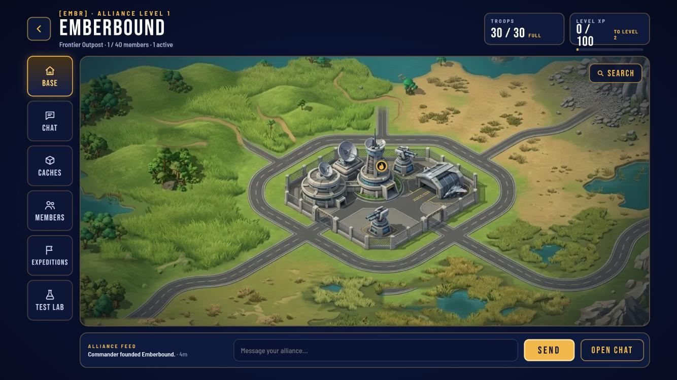 Concept board of the alliance base screen with Base, Chat, Caches, Members and Expeditions tabs