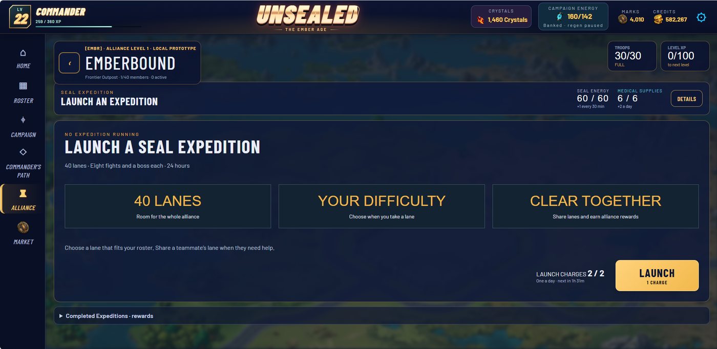 In-game screen to launch a Seal Expedition: 40 lanes, your difficulty, clear together, and the Launch button