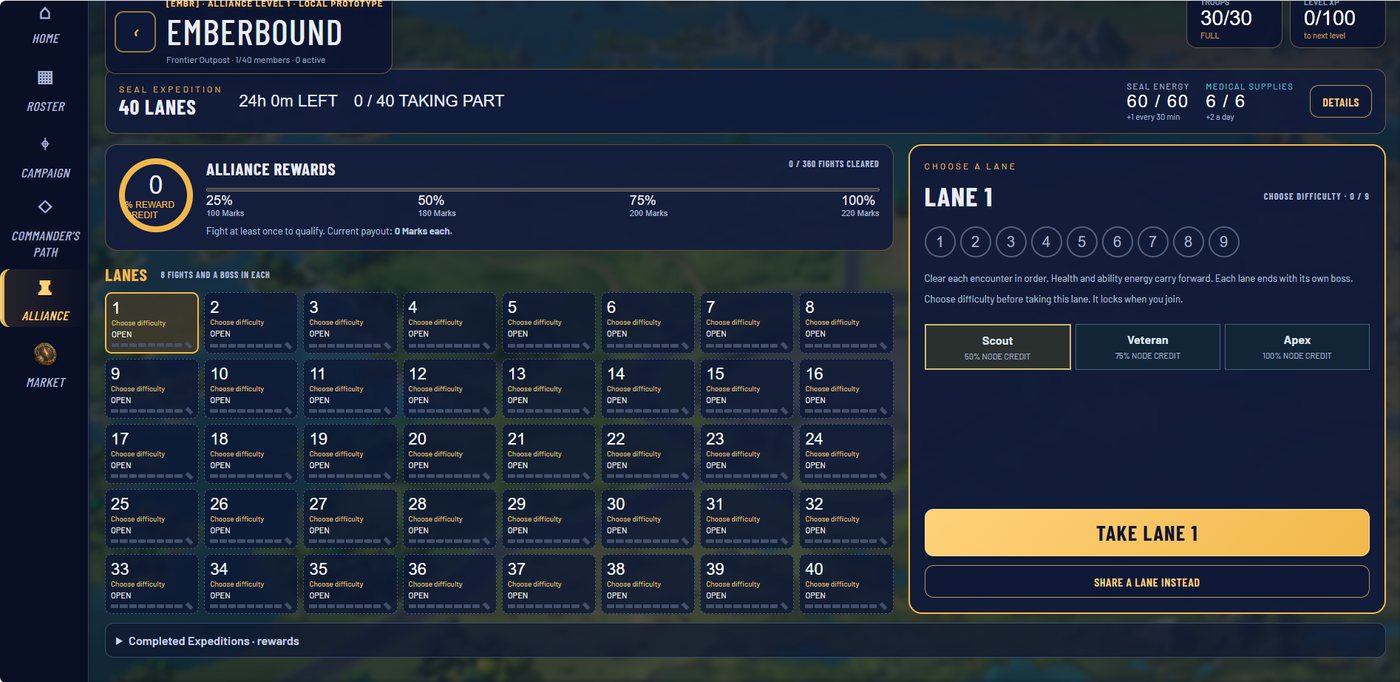 In-game expedition board with 40 lanes, alliance reward track and the Scout, Veteran and Apex difficulty choice