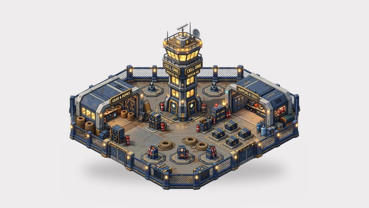 Cell One rescue HQ: a navy and gold watchtower with rope and supply sheds