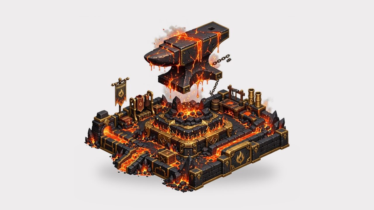 Emberborn forge with a giant floating anvil over molten lava