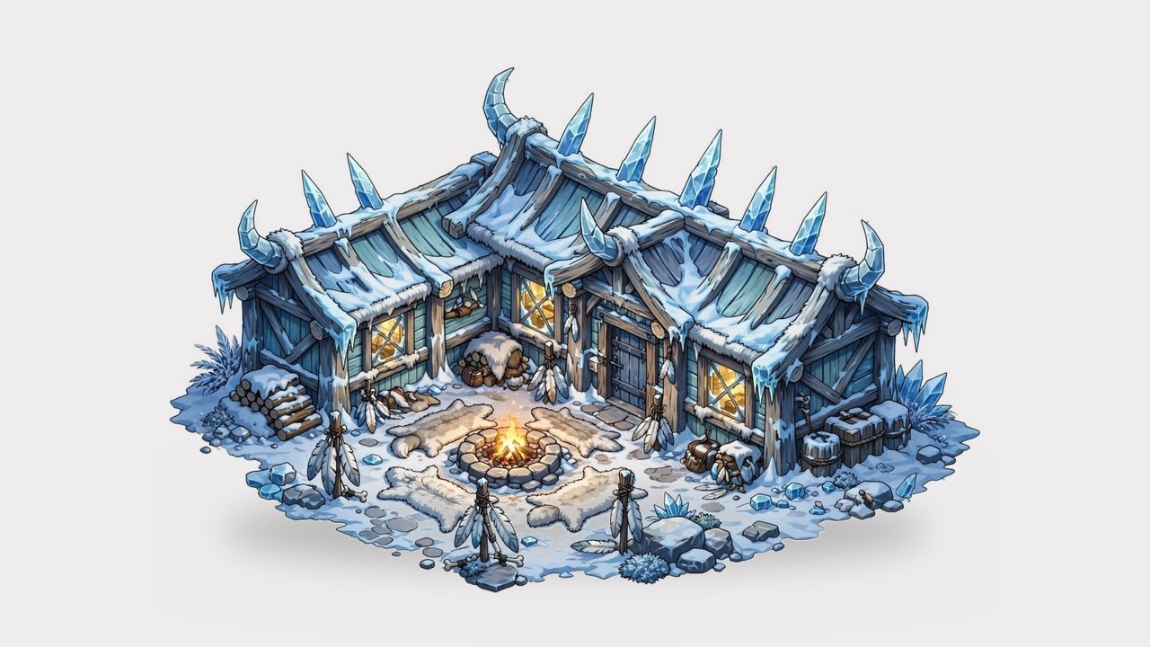 Polar Night ice lodge with frosted horns around a campfire
