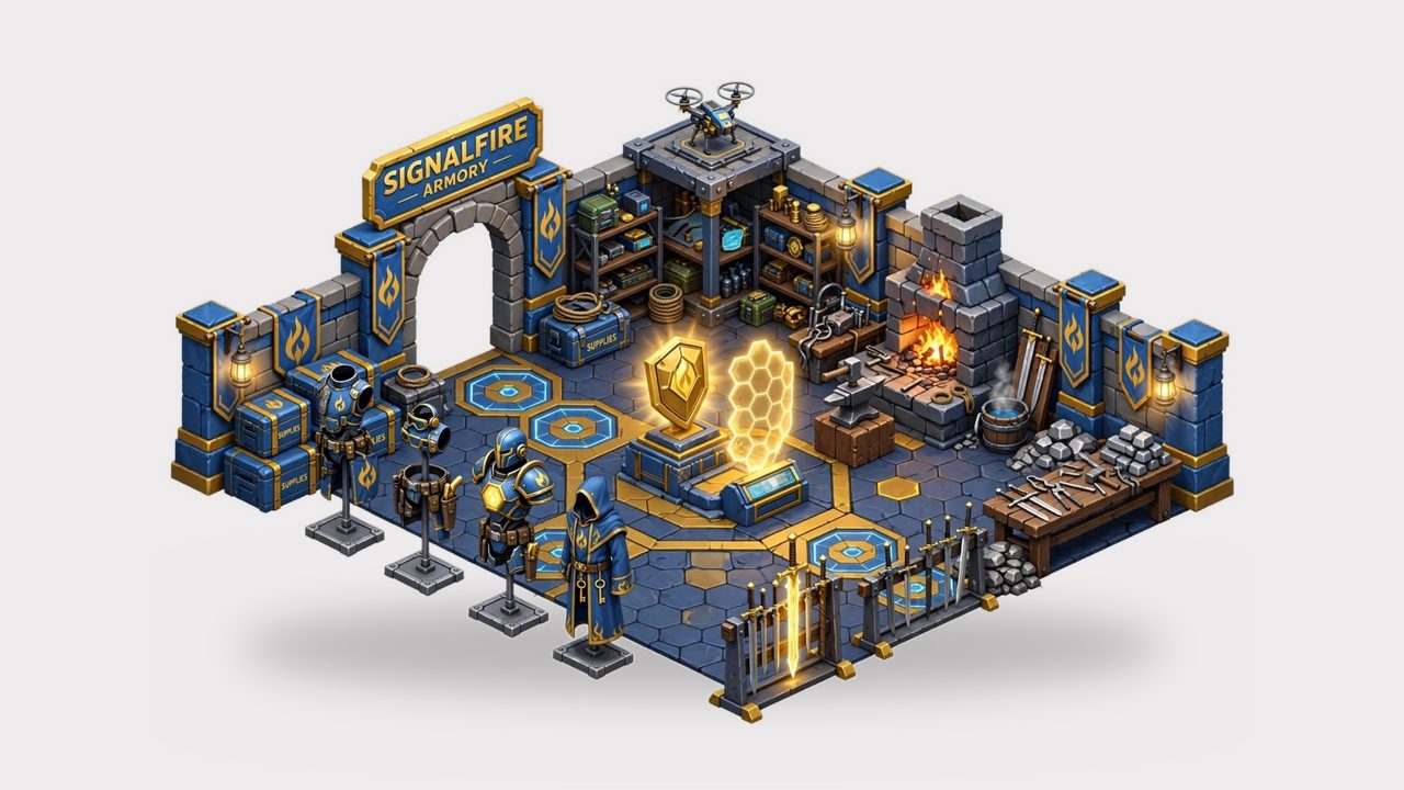 Signalfire armory in blue and gold with a forge and armor stands