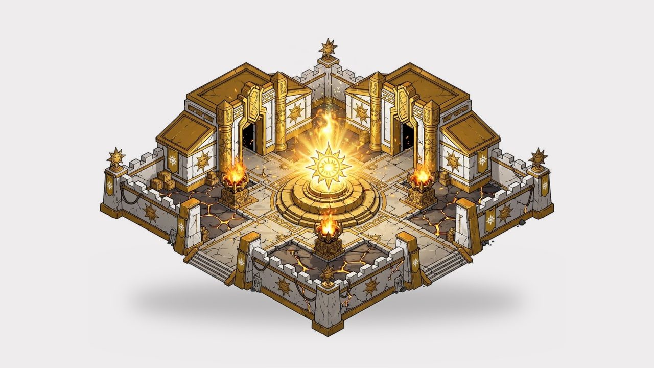 Gold and white sun temple around a glowing sun altar