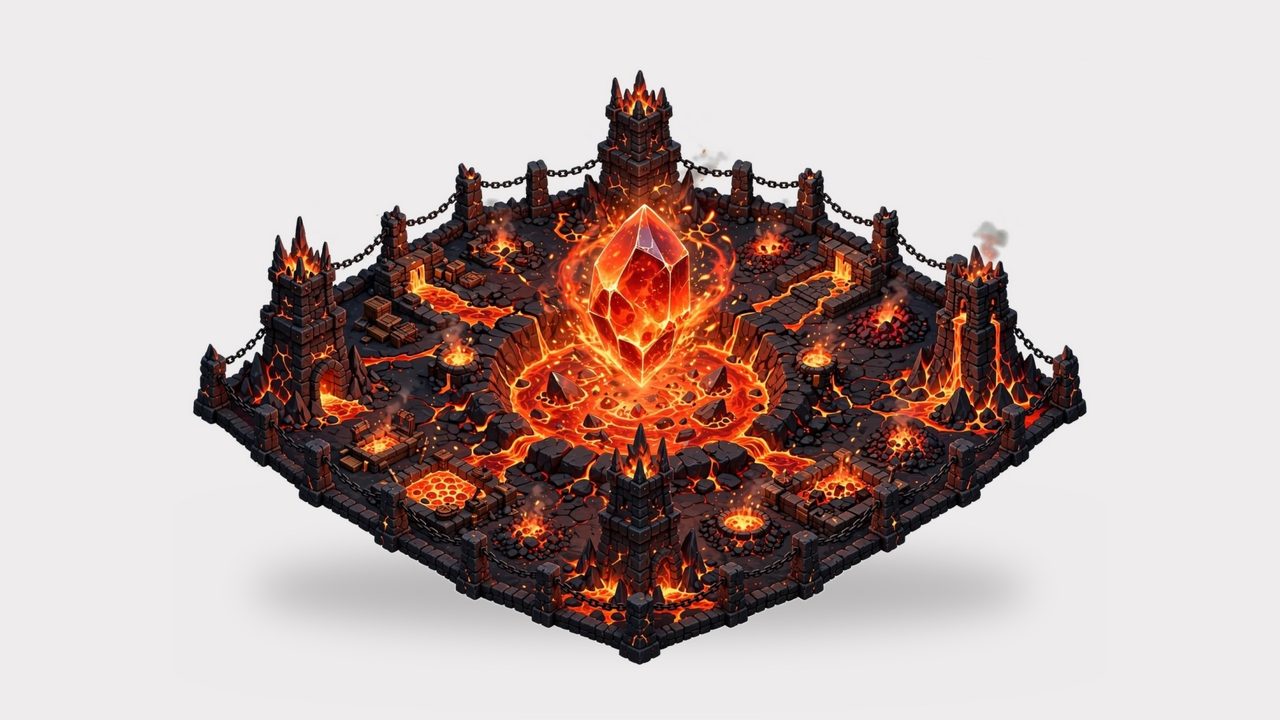 Lava fortress around a giant red crystal
