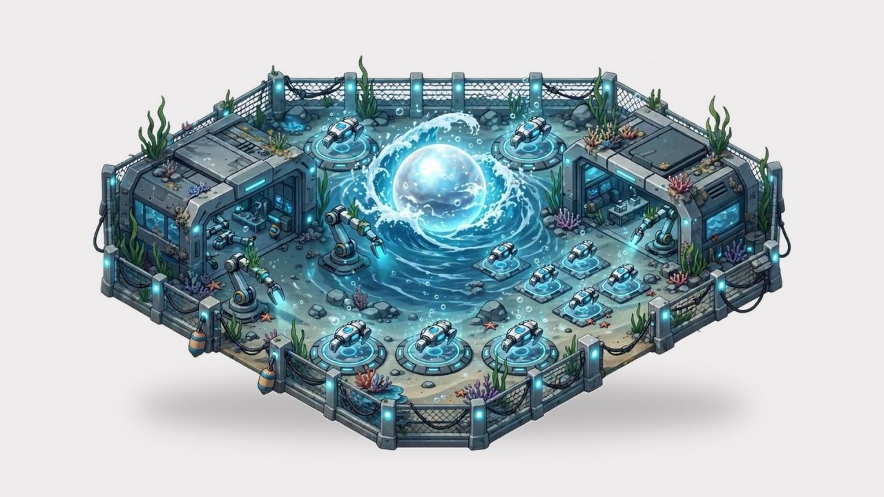 Seafloor base with a swirling water orb and robot arms