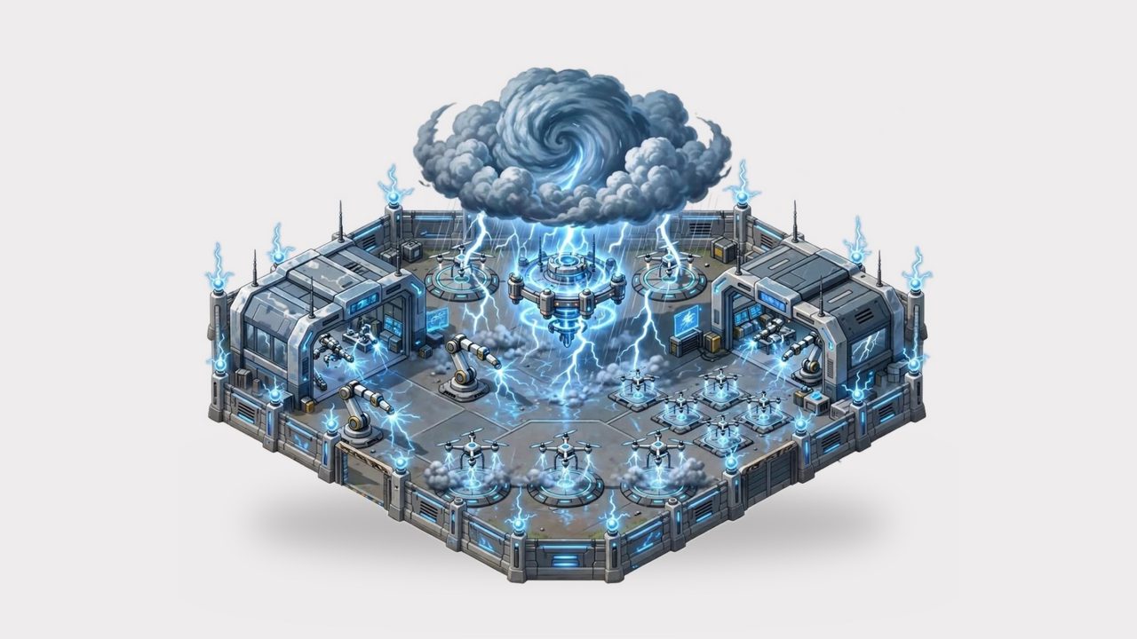 Tech base under a storm cloud with lightning and drone pads
