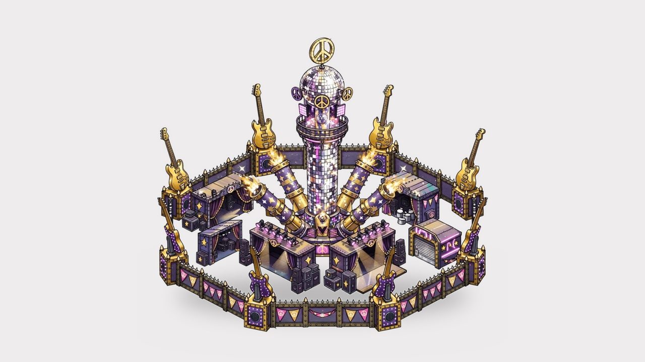 Chrome concert-stage base with giant guitars around a disco tower