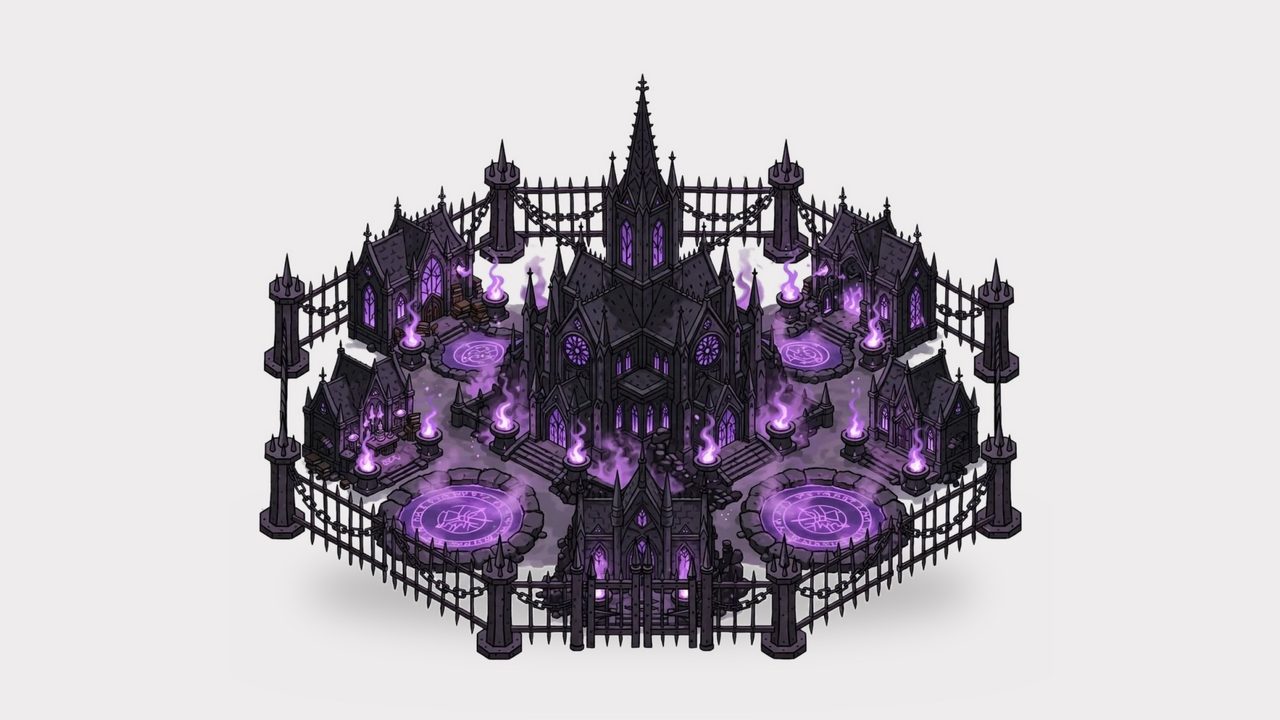 Dark cathedral base with purple fire and glowing circles
