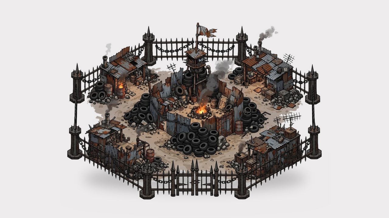 Junkyard fort of tires, scrap metal and a watchtower