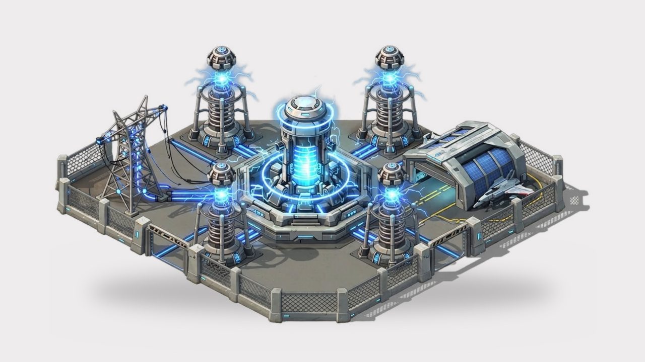 Sci-fi base with a glowing blue reactor and four power pylons